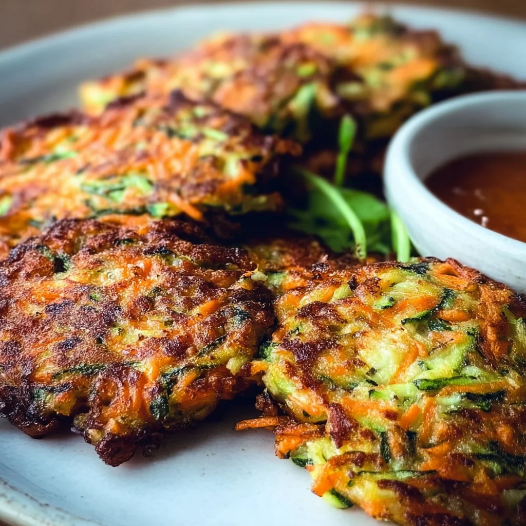 Plate of easy zucchini carrot fritters served with dipping sauce.