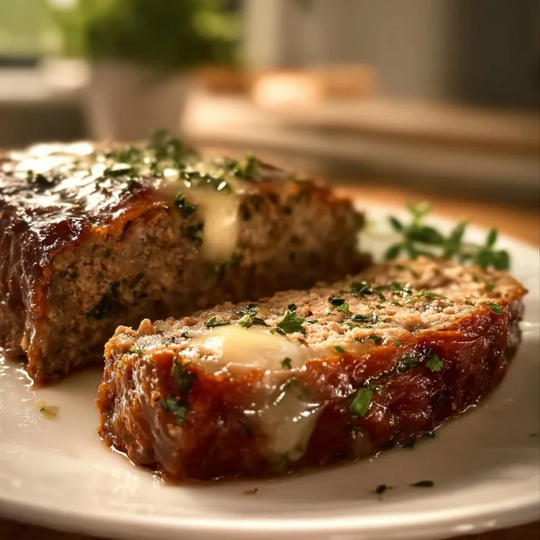 Delicious and savory Garlic Parmesan Meatloaf served on a plate.