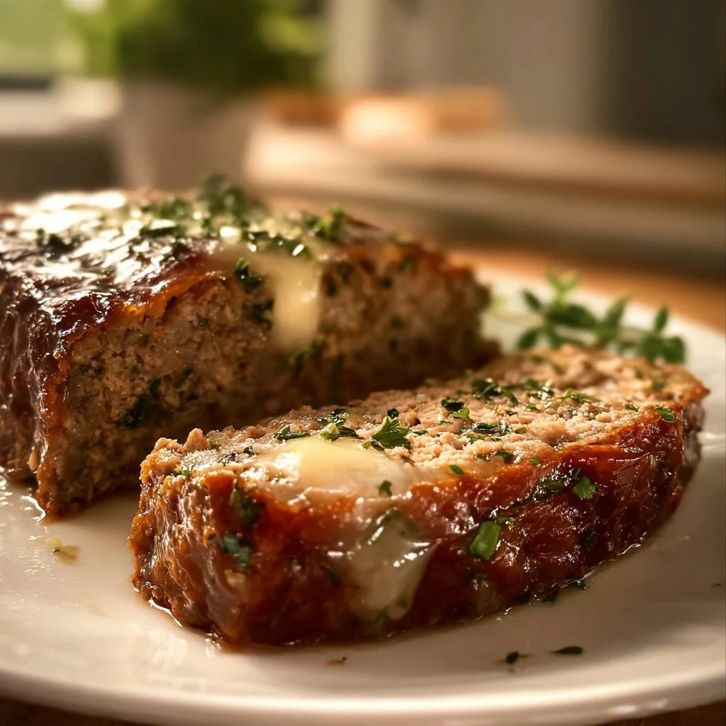 Delicious and savory Garlic Parmesan Meatloaf served on a plate.
