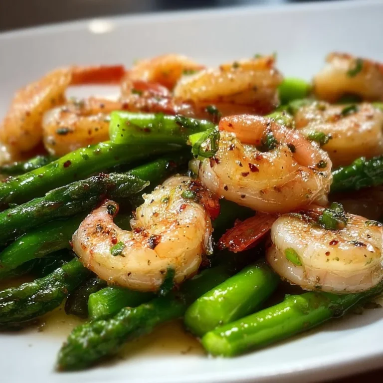 Plate of Garlic Shrimp with Asparagus garnished with herbs