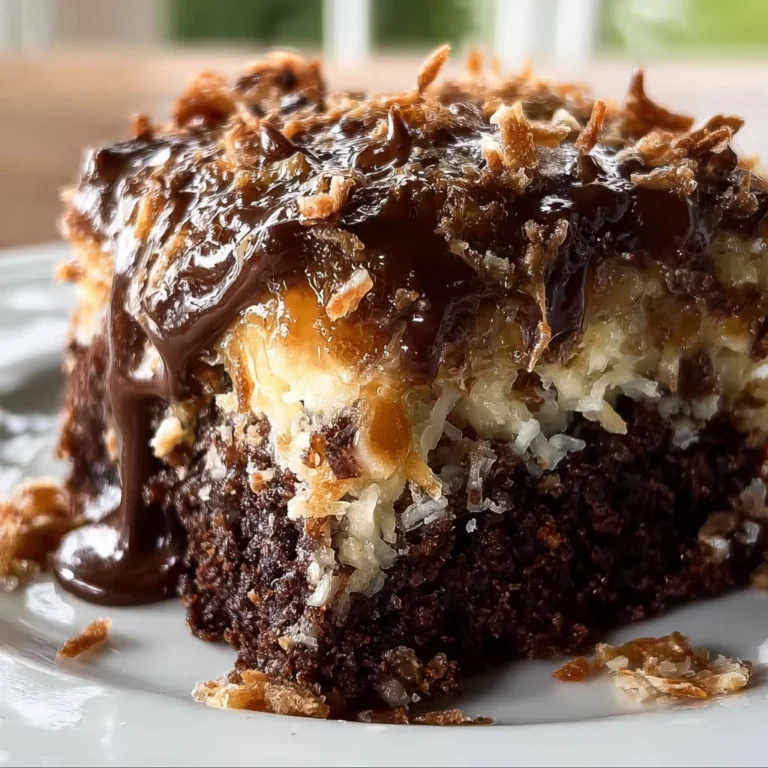 Delicious German Chocolate Poke Cake topped with coconut pecan frosting