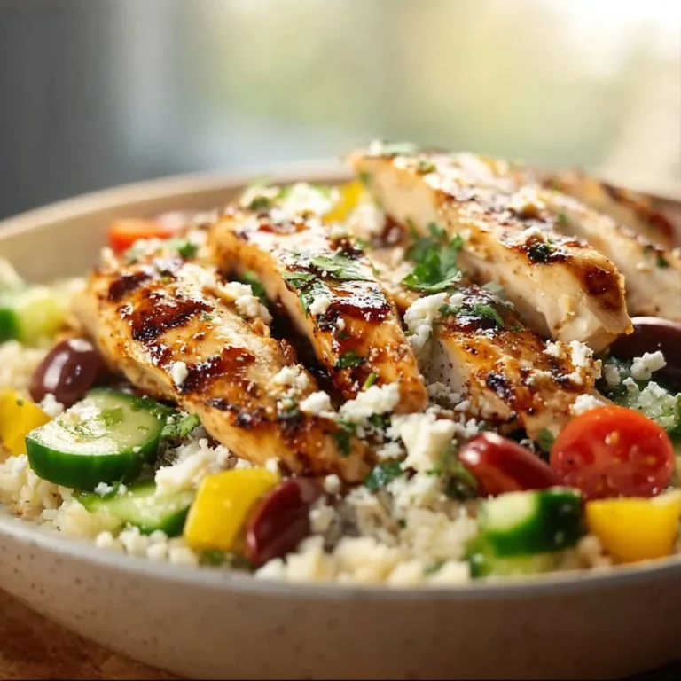 Delicious Greek Chicken Bowl garnished with fresh vegetables and feta cheese