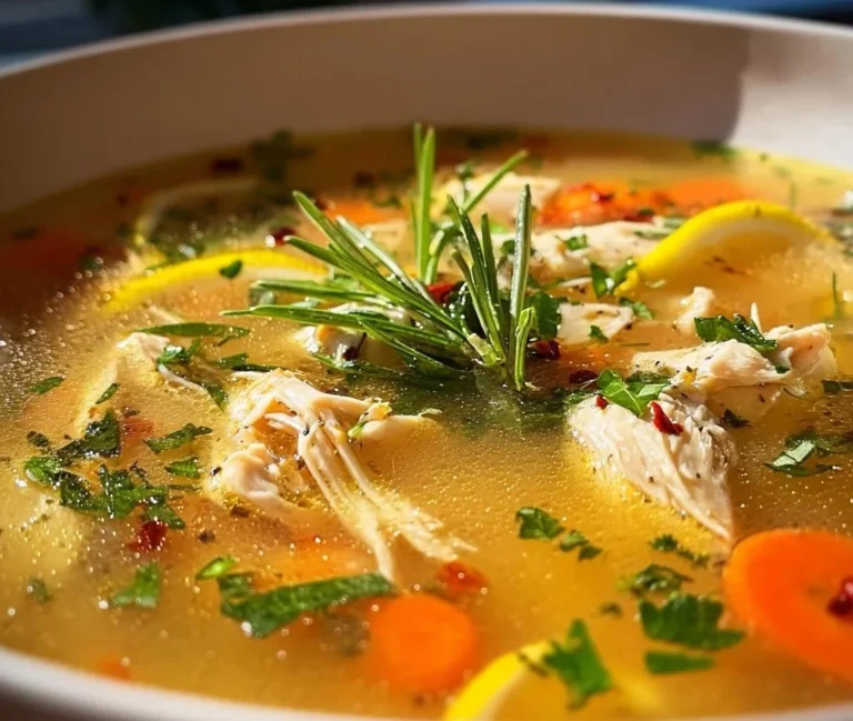 Bowl of Greek Lemon Chicken Soup garnished with herbs and lemon slices
