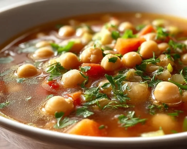 A bowl of hearty Greek Chickpea Soup garnished with herbs and served with bread.