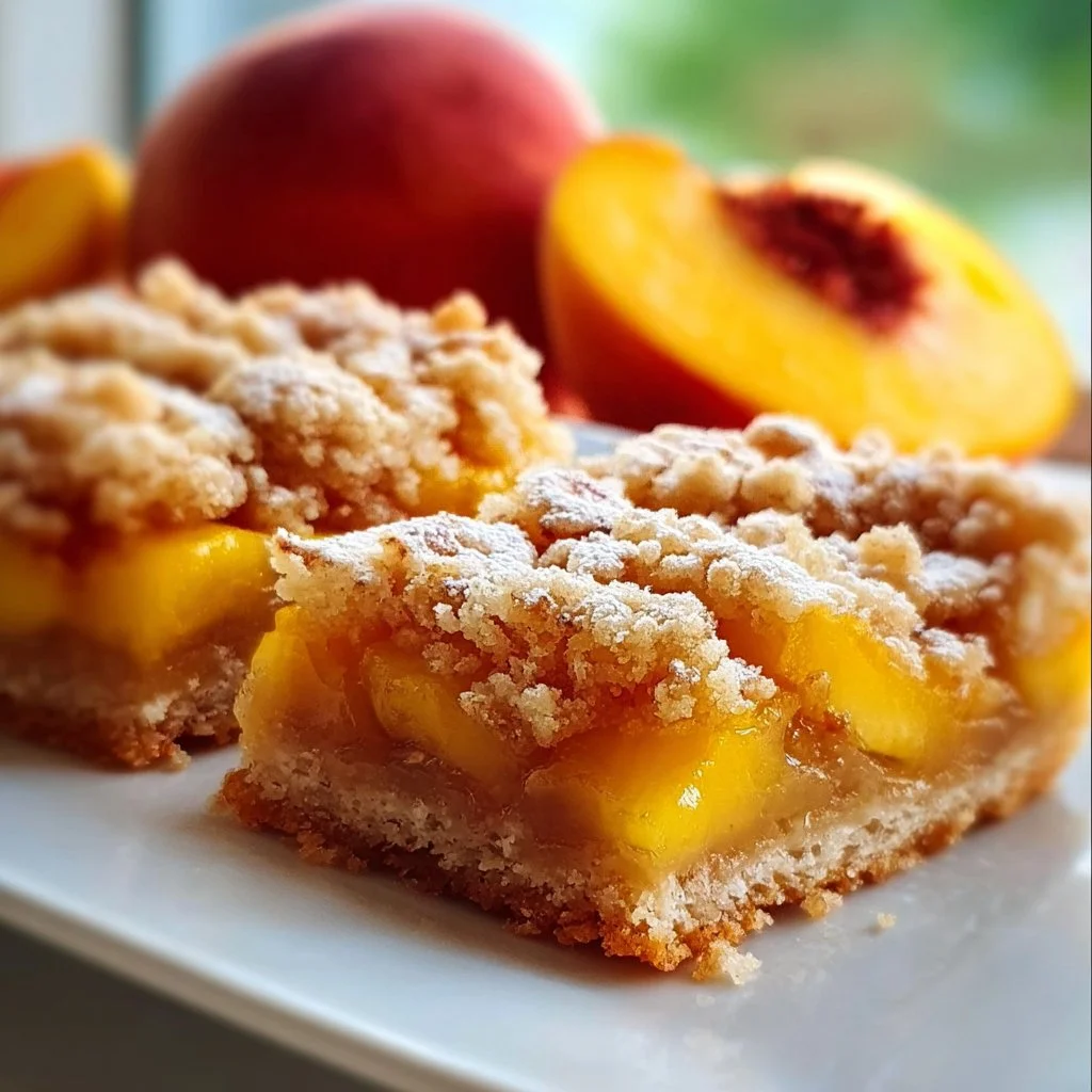 Delicious homemade summer peach bars topped with fresh peach slices