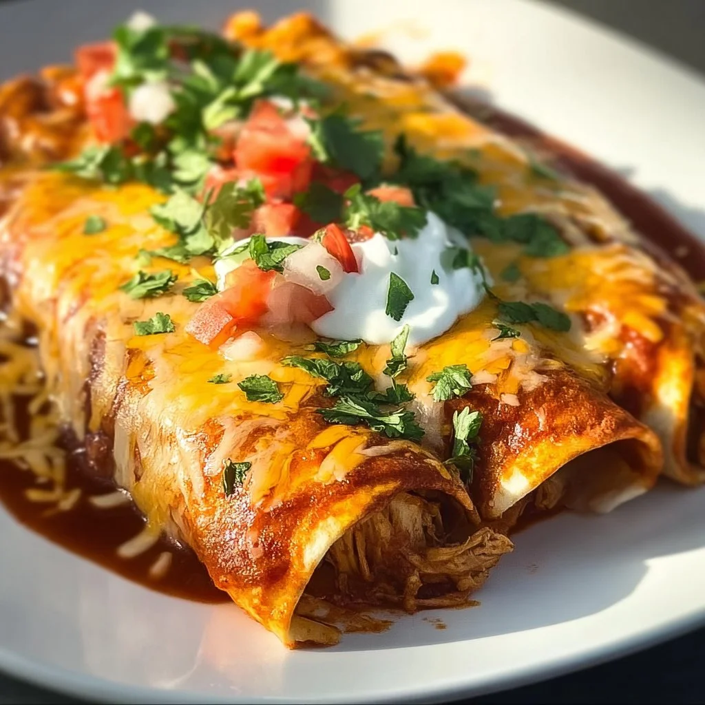 Delicious homemade chicken enchiladas topped with cheese and sauce