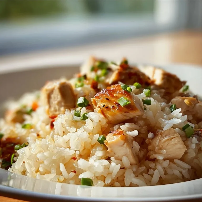 A plate of flavorful Instant Pot chicken rice garnished with herbs.