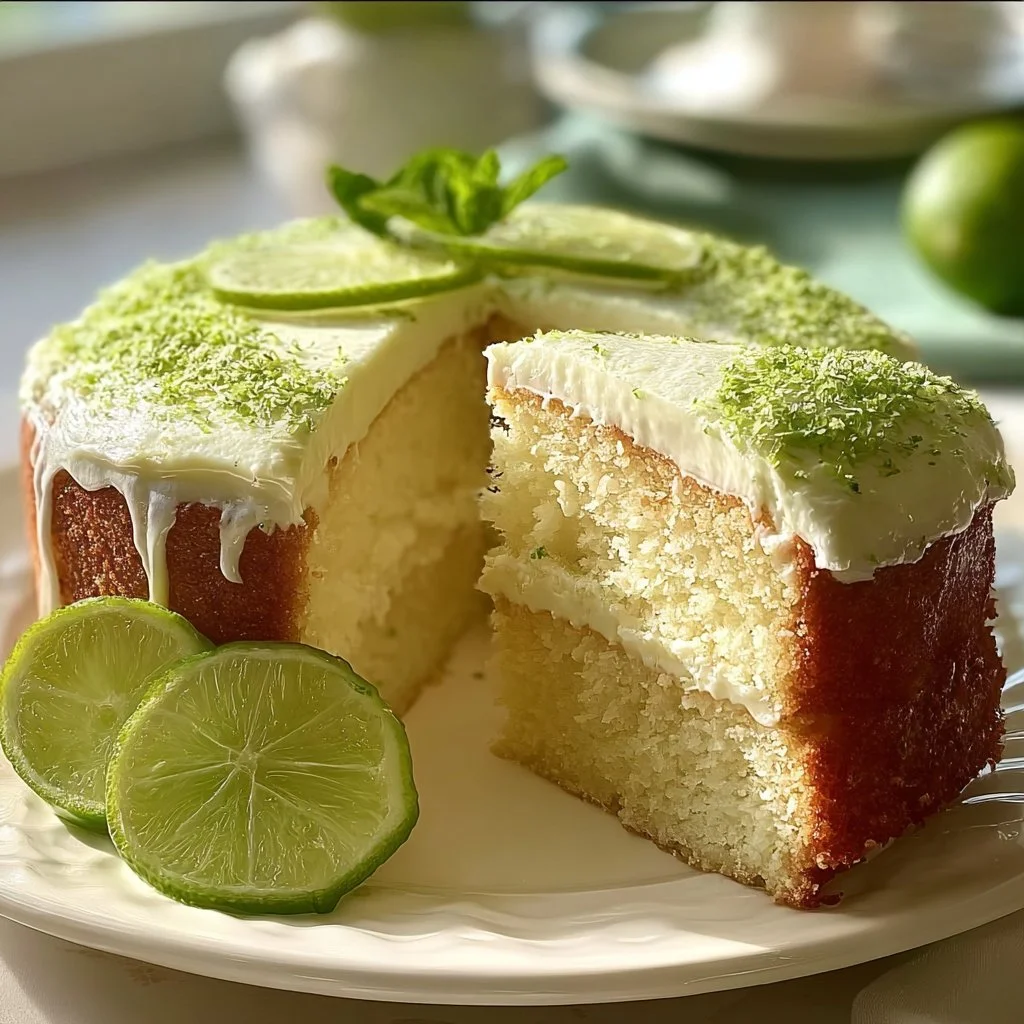 Delicious slice of Key Lime Cake topped with cream and lime zest