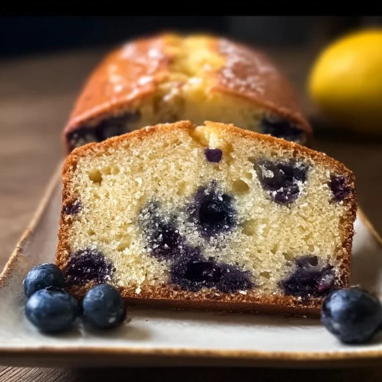 Sliced lemon blueberry bread with fresh blueberries on a wooden table