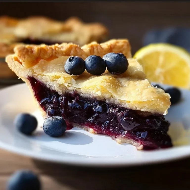 Slice of delicious Lemon Blueberry Pie with fresh blueberries and lemon zest