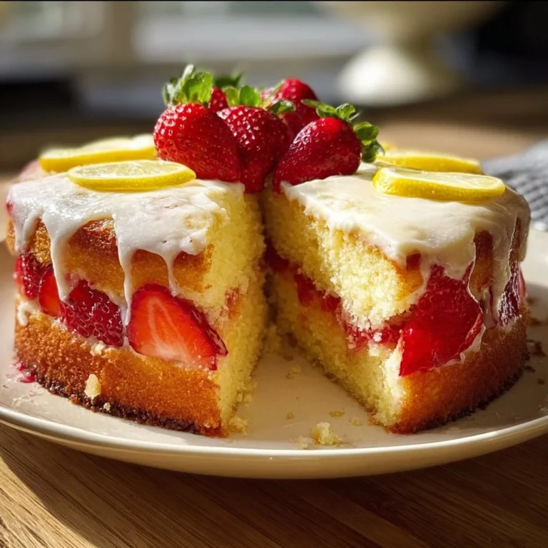 A delicious lemon strawberry cake topped with fresh strawberries and lemon zest.