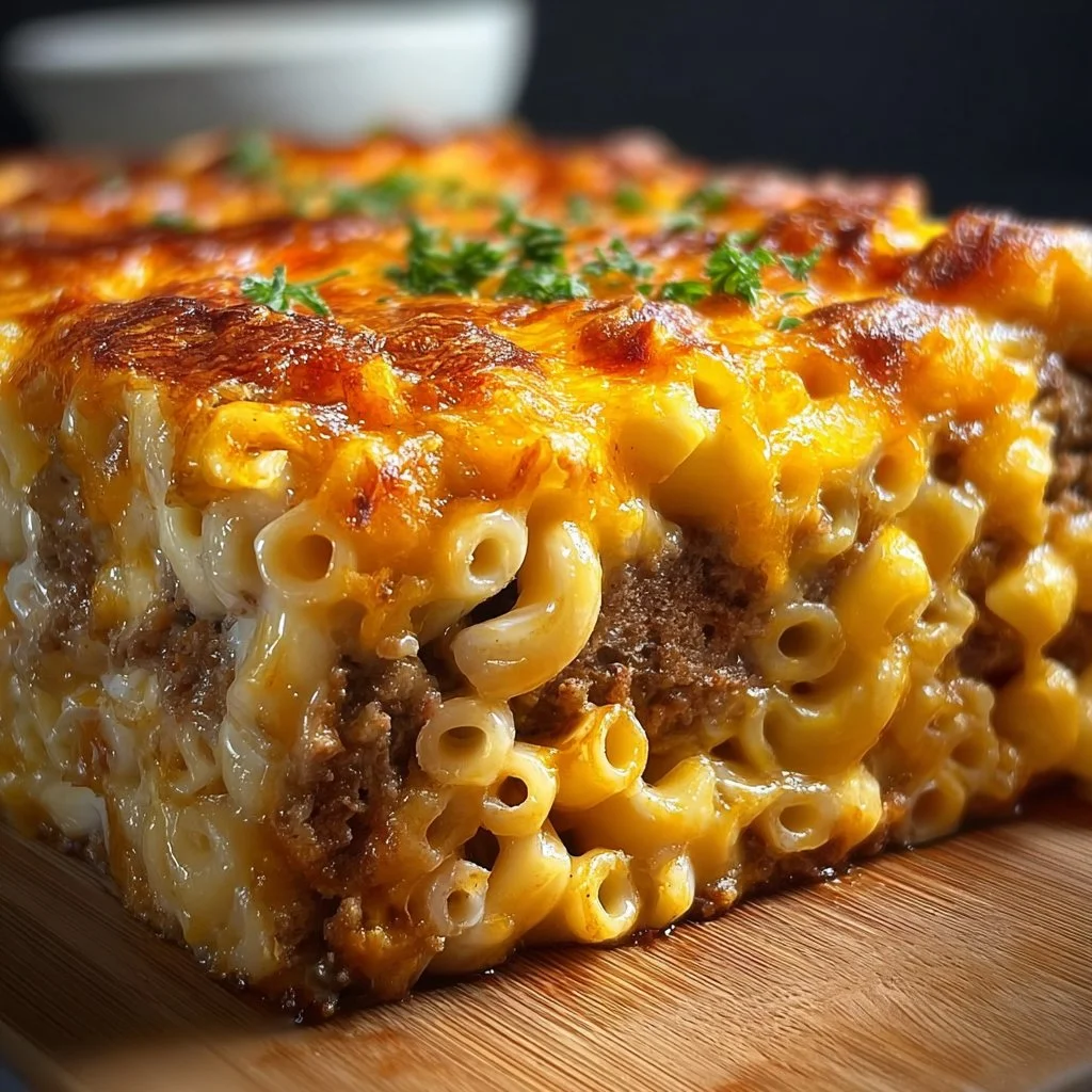 Delicious Mac and Cheese Meatloaf Casserole topped with golden cheese