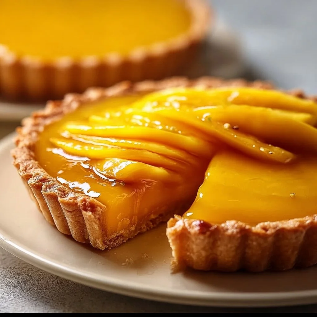Delicious Mango Curd Tart with a buttery crust and vibrant mango topping