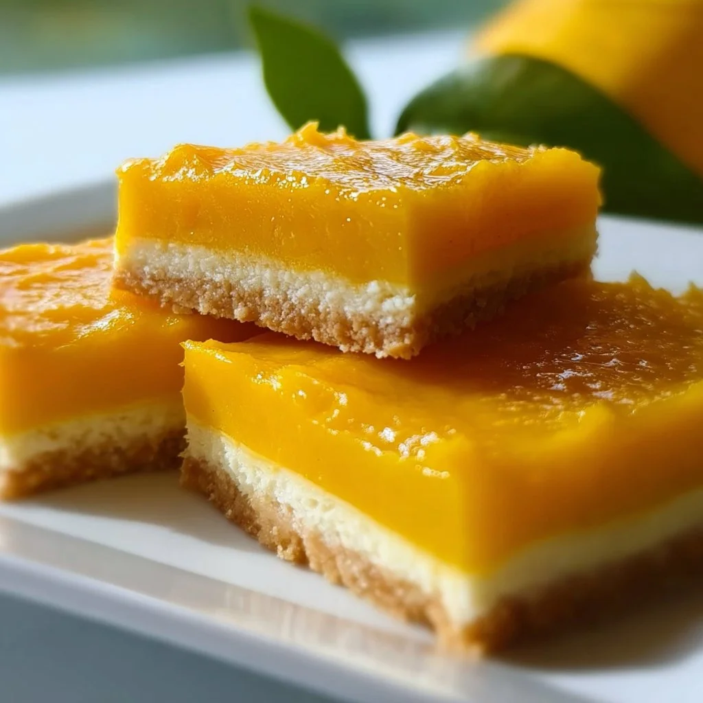 Delicious mango dessert bars topped with fresh mango slices on a plate