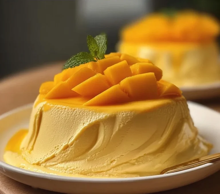 Delicious mango mousse dessert in a glass, topped with fresh mango slices.