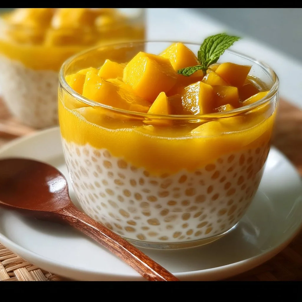 Delicious Mango Sago dessert in a glass, topped with fresh mango slices.