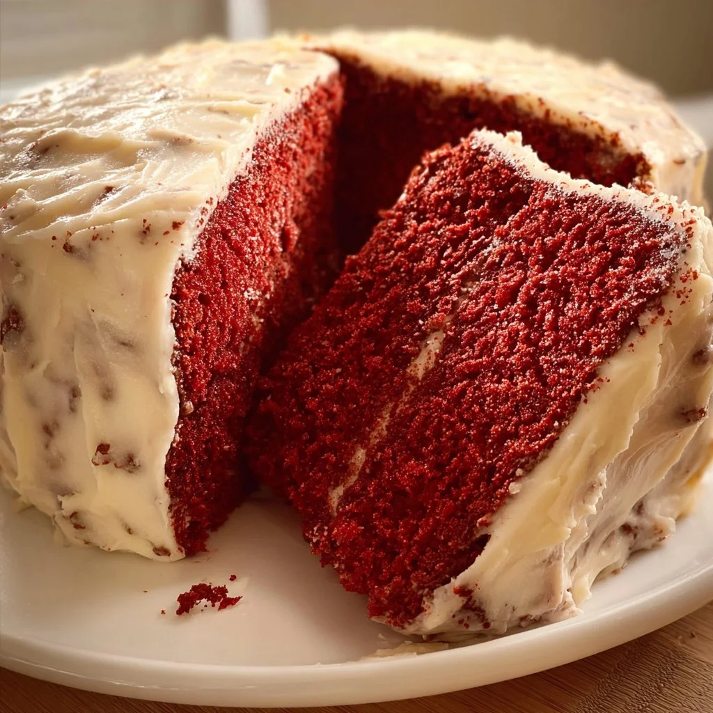 Slice of Mile High Red Velvet Pound Cake with cream cheese frosting