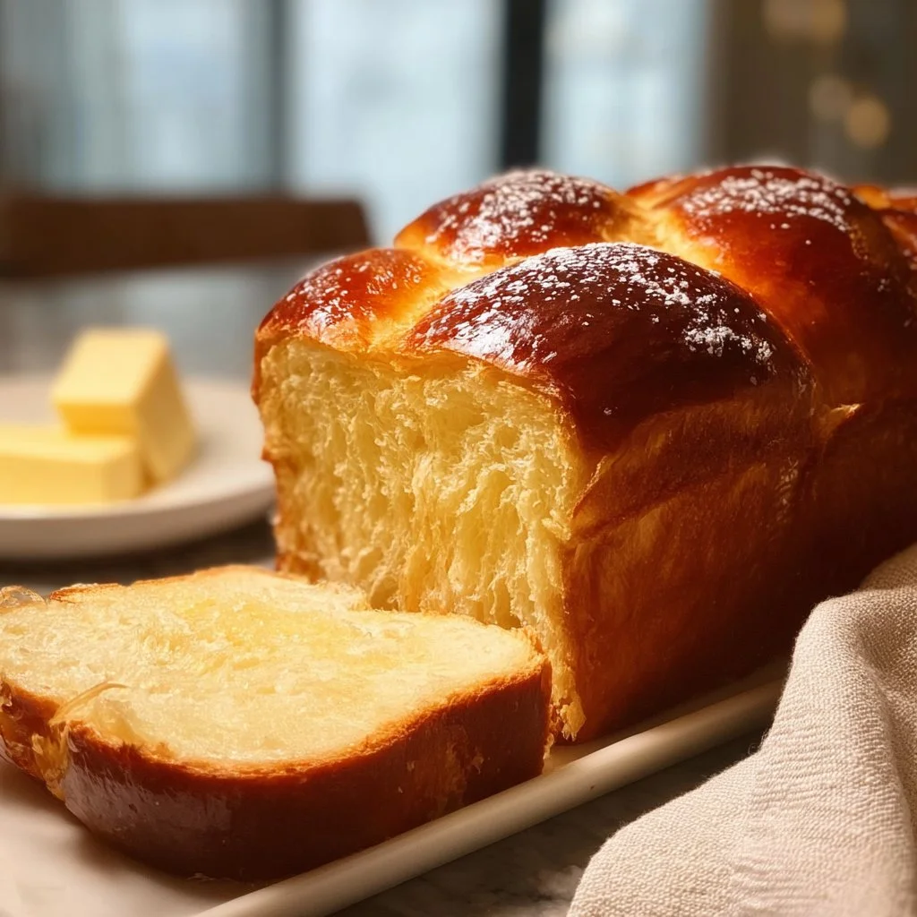 Loaf of freshly baked Milk Brioche Bread on a wooden surface
