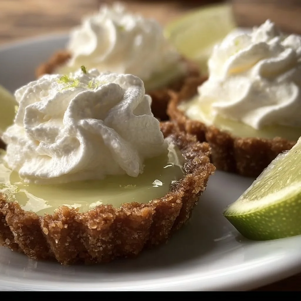 Mini key lime pies served on a platter with fresh lime garnishes