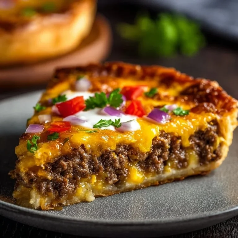 One-pan cheeseburger pie served with toppings on a rustic table