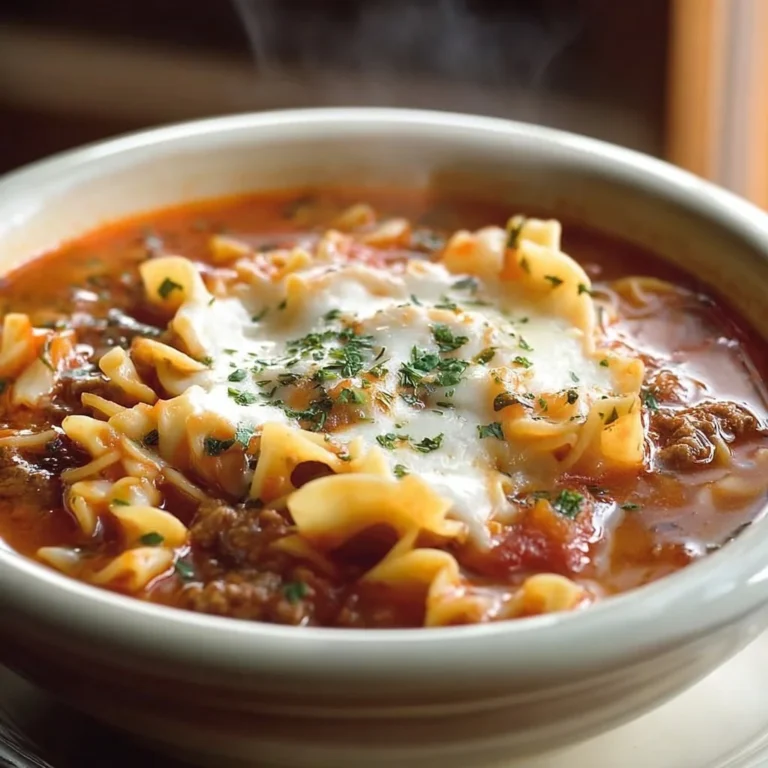 One-Pan Lasagna Soup in a bowl with cheese and basil garnish.