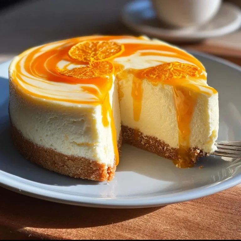 Delicious Orange Creamsicle Cheesecake topped with creamy orange and vanilla layers.