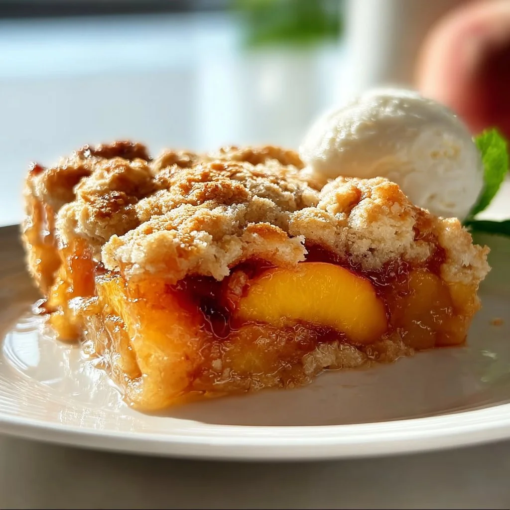 Delicious homemade peach cobbler served in a bowl with fresh peaches.