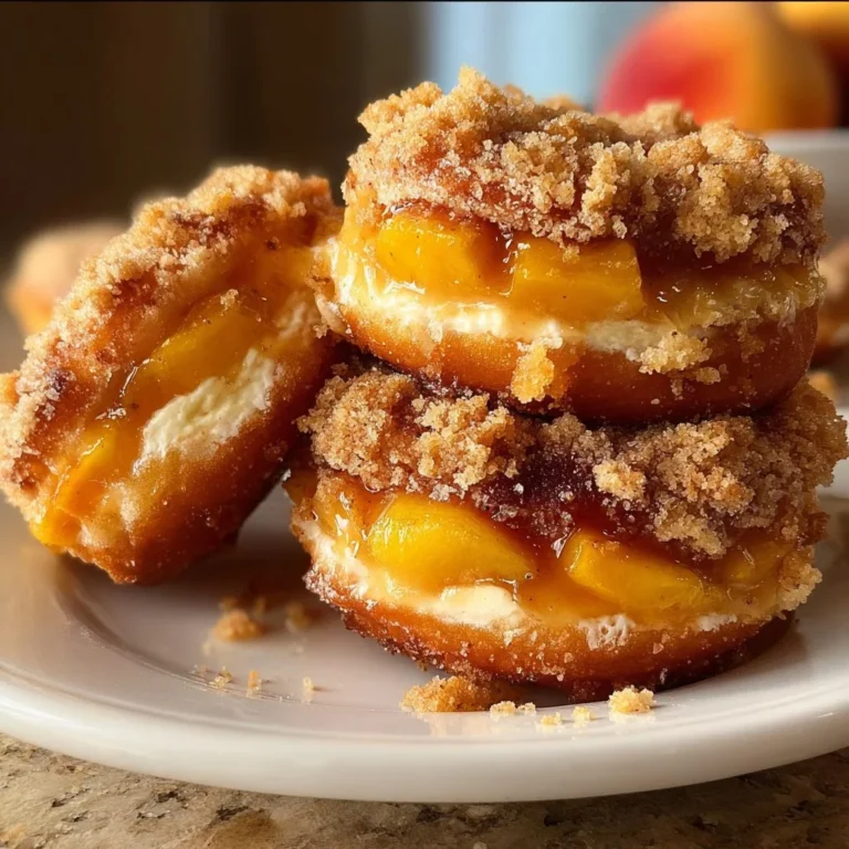 Delicious homemade Peach Cobbler Cheesecake Donuts on a rustic table