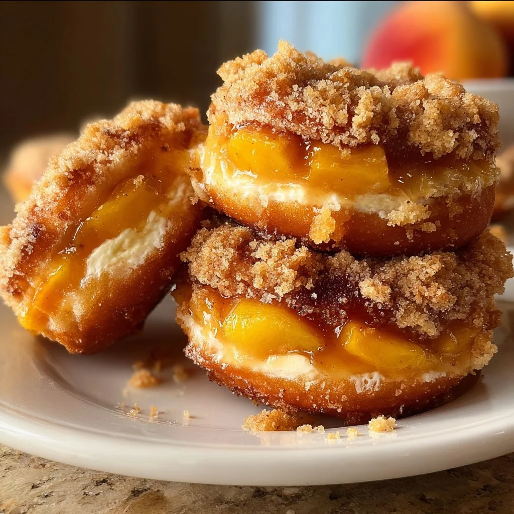 Delicious homemade Peach Cobbler Cheesecake Donuts on a rustic table