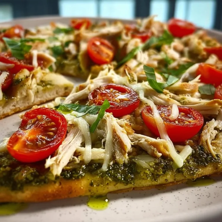 Delicious Pesto Chicken Flatbread topped with fresh ingredients