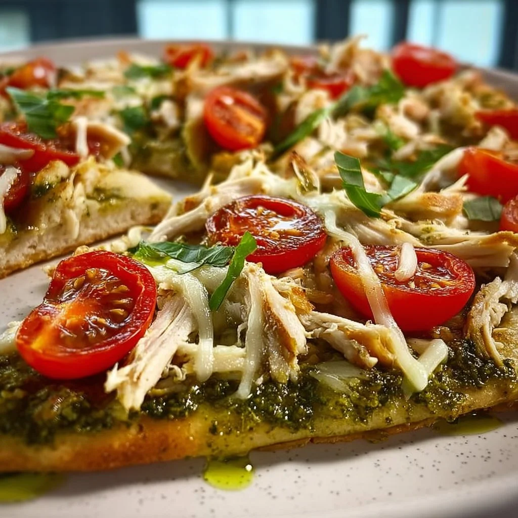 Delicious Pesto Chicken Flatbread topped with fresh ingredients