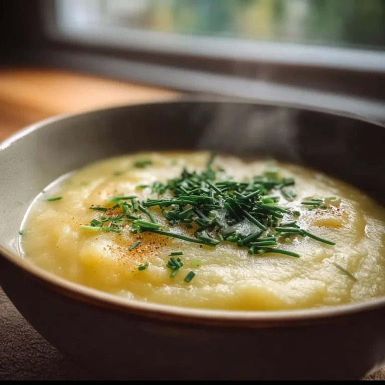 Bowl of creamy potato soup garnished with herbs, ideal for cozy winter meals.