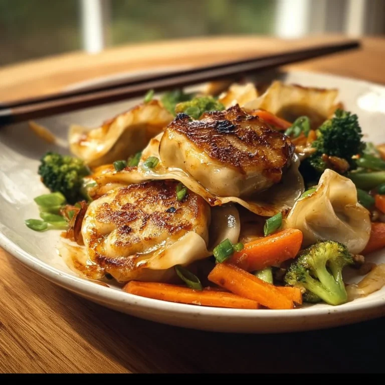Delicious potsticker stir fry with colorful vegetables and crispy dumplings