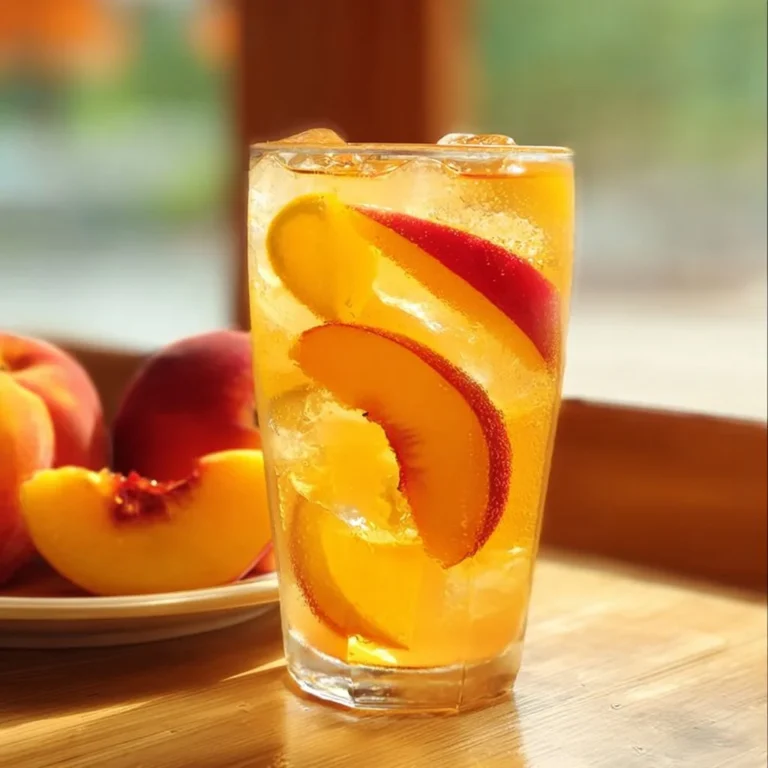 Glass of refreshing peach lemonade with slices of peach and lemon