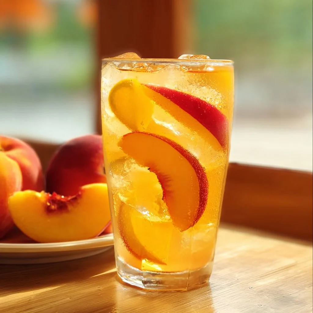 Glass of refreshing peach lemonade with slices of peach and lemon