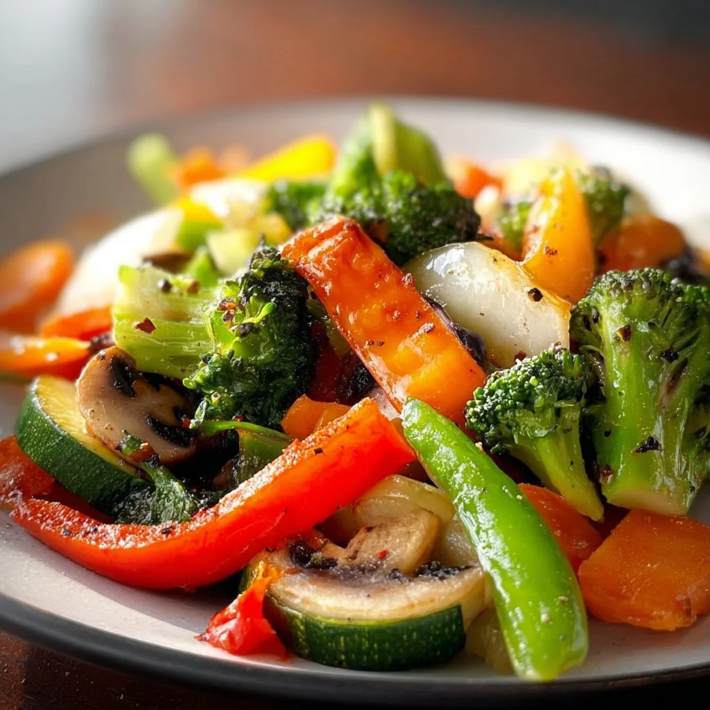 A colorful plate of sauteed vegetables with vibrant peppers, zucchini, and carrots.