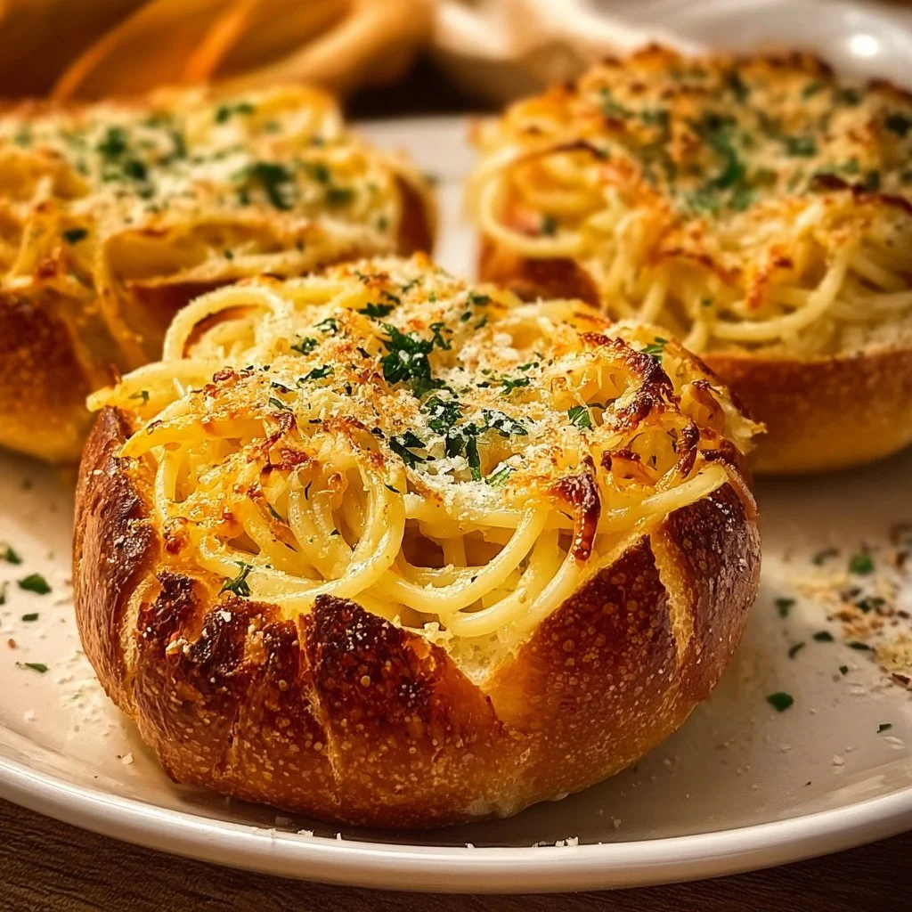 Spaghetti garlic bread bowls filled with spaghetti in crusty bread