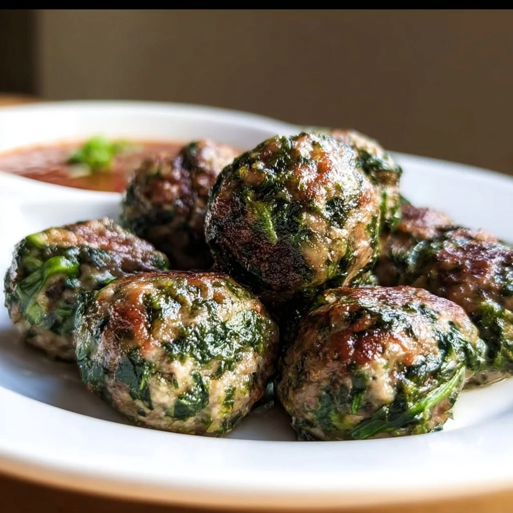 Delicious spinach meatballs served in a bowl, garnished with herbs.