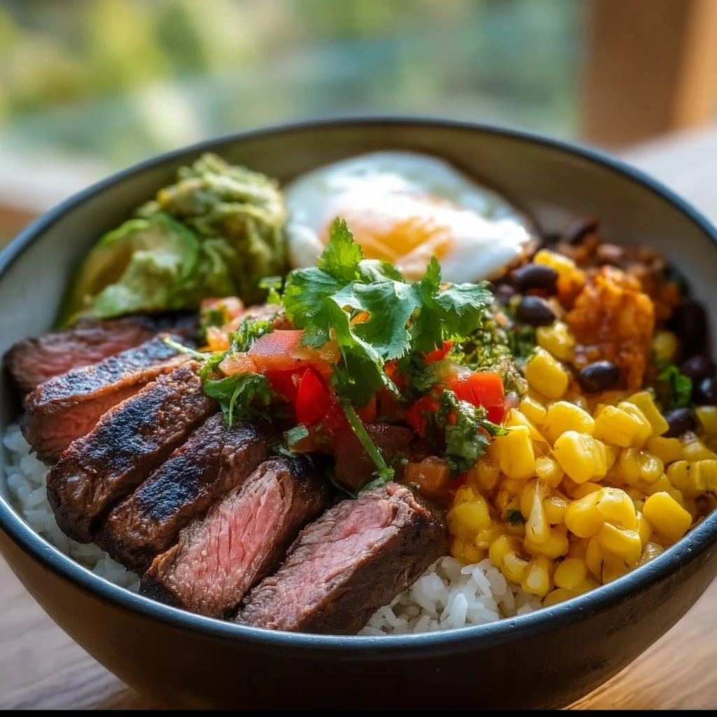 Delicious steak bowl with grilled steak, fresh vegetables, and savory sauce