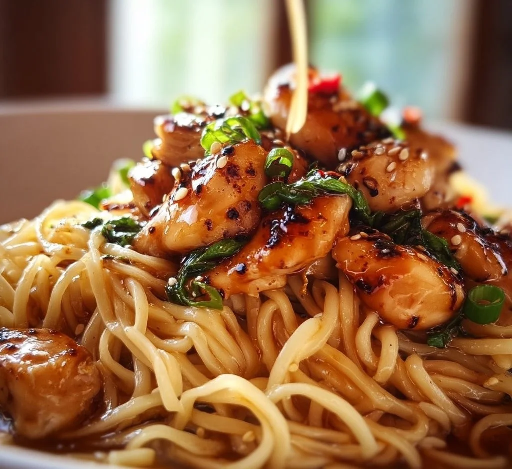 Delicious plate of sticky garlic chicken noodles garnished with green onions