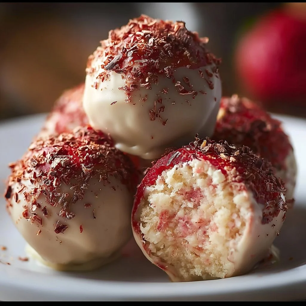 Delicious strawberry cheesecake truffles with fresh strawberries and creamy filling