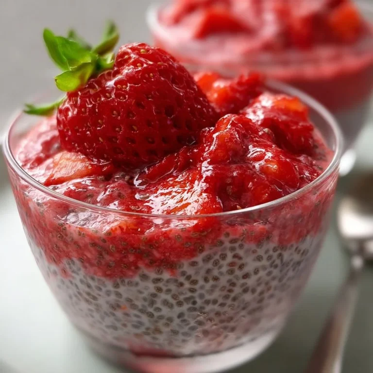 Delicious strawberry chia seed pudding topped with fresh strawberries and seeds