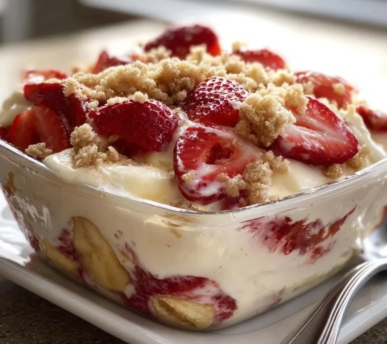 Delicious strawberry crunch banana pudding served in a bowl