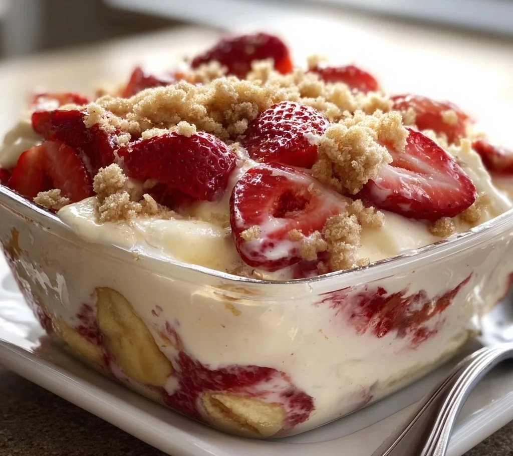 Delicious strawberry crunch banana pudding served in a bowl