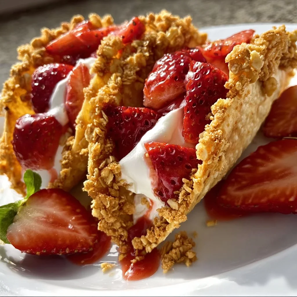 Delicious strawberry crunch cheesecake tacos for dessert lovers.