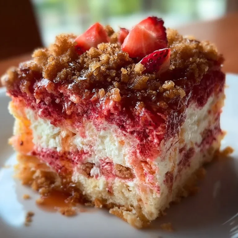 Delicious Strawberry Crunch Poke Cake with layered strawberry flavor and crunchy topping