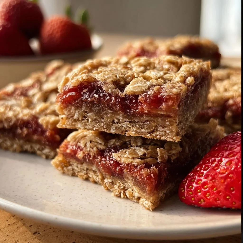 Homemade strawberry oatmeal bars on a wooden table