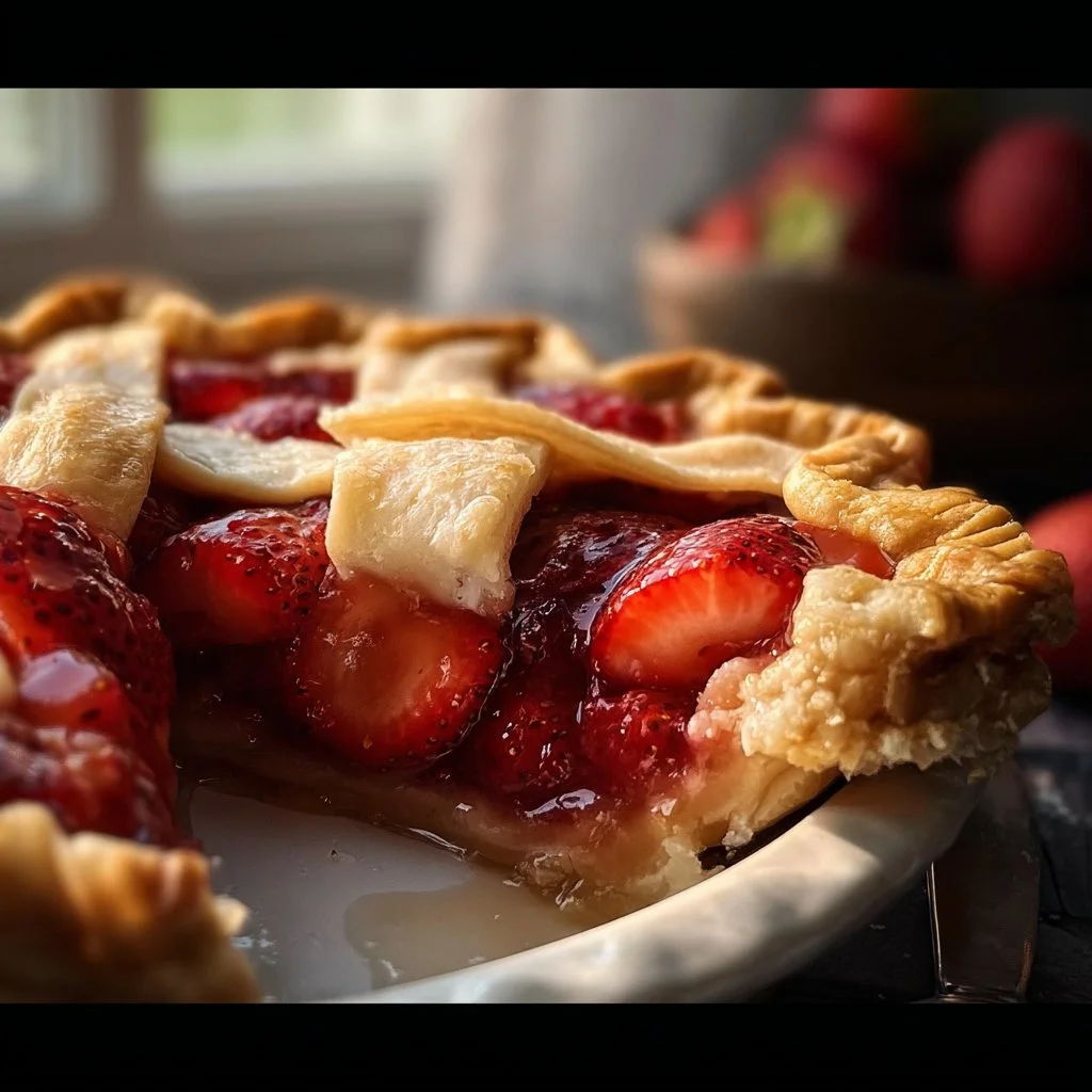 Freshly baked strawberry pie with a flaky crust and vibrant red strawberries