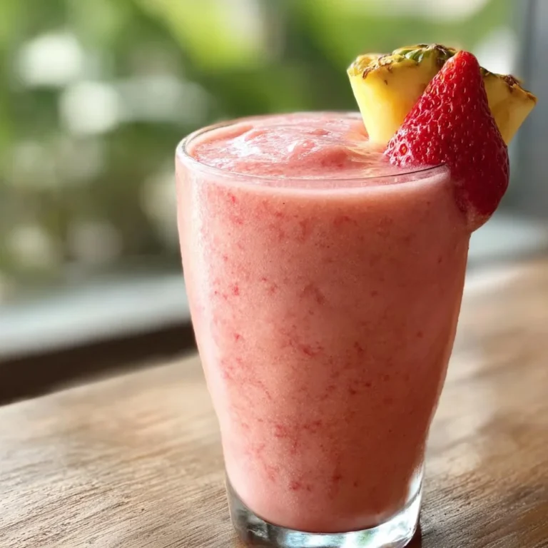 Refreshing Strawberry Piña Colada smoothie in a glass with fresh strawberries.