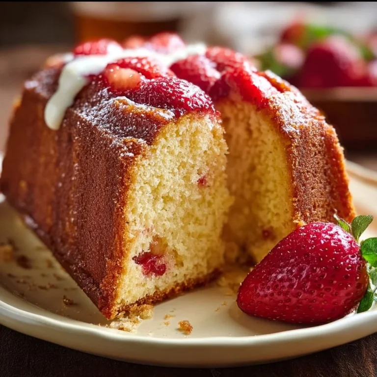 Slice of homemade strawberry pound cake topped with fresh strawberries and cream